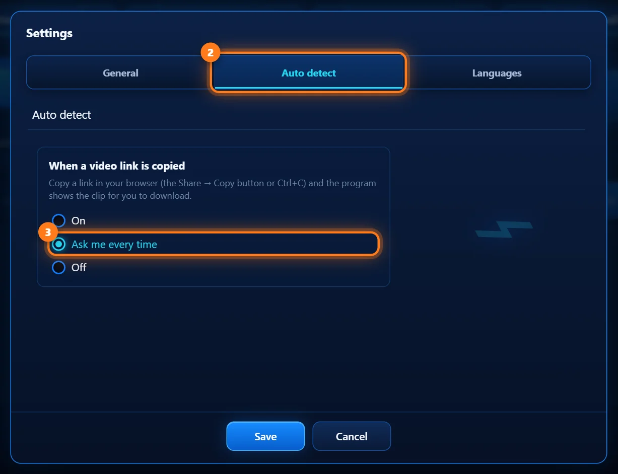 Settings, Auto detect tab, with Ask me every time selected