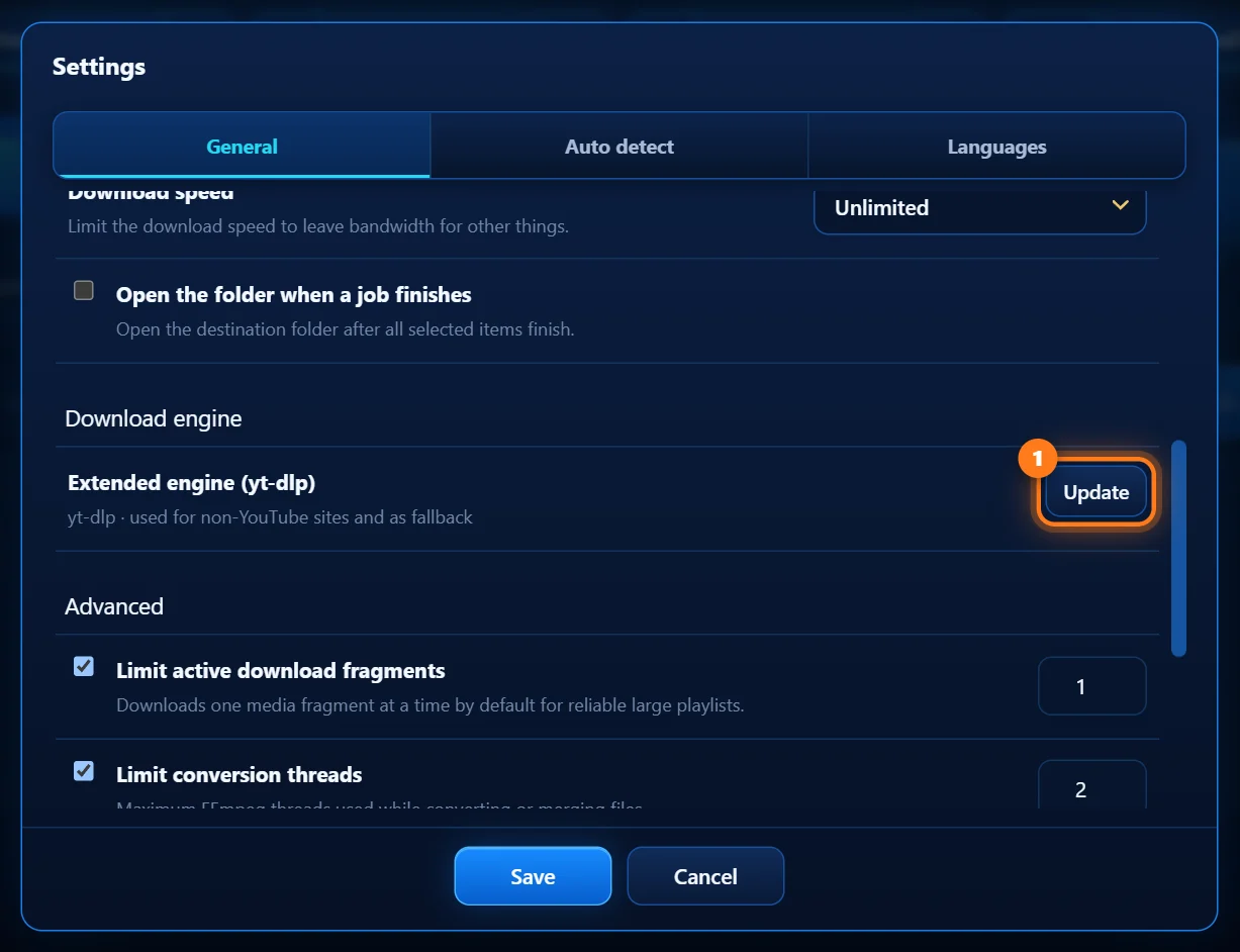 Settings, General tab, with the download engine Update button circled