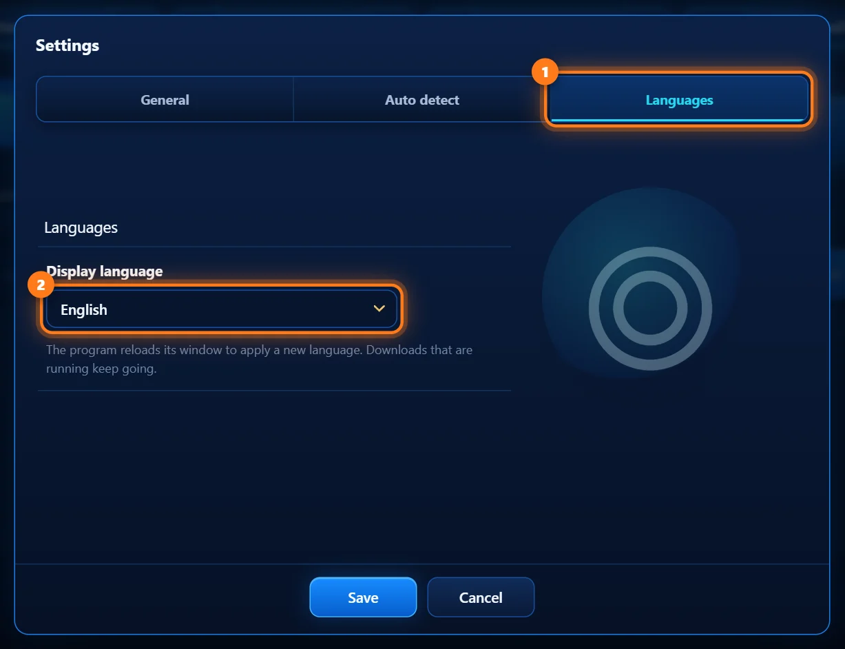 Settings, Languages tab, with the language list circled