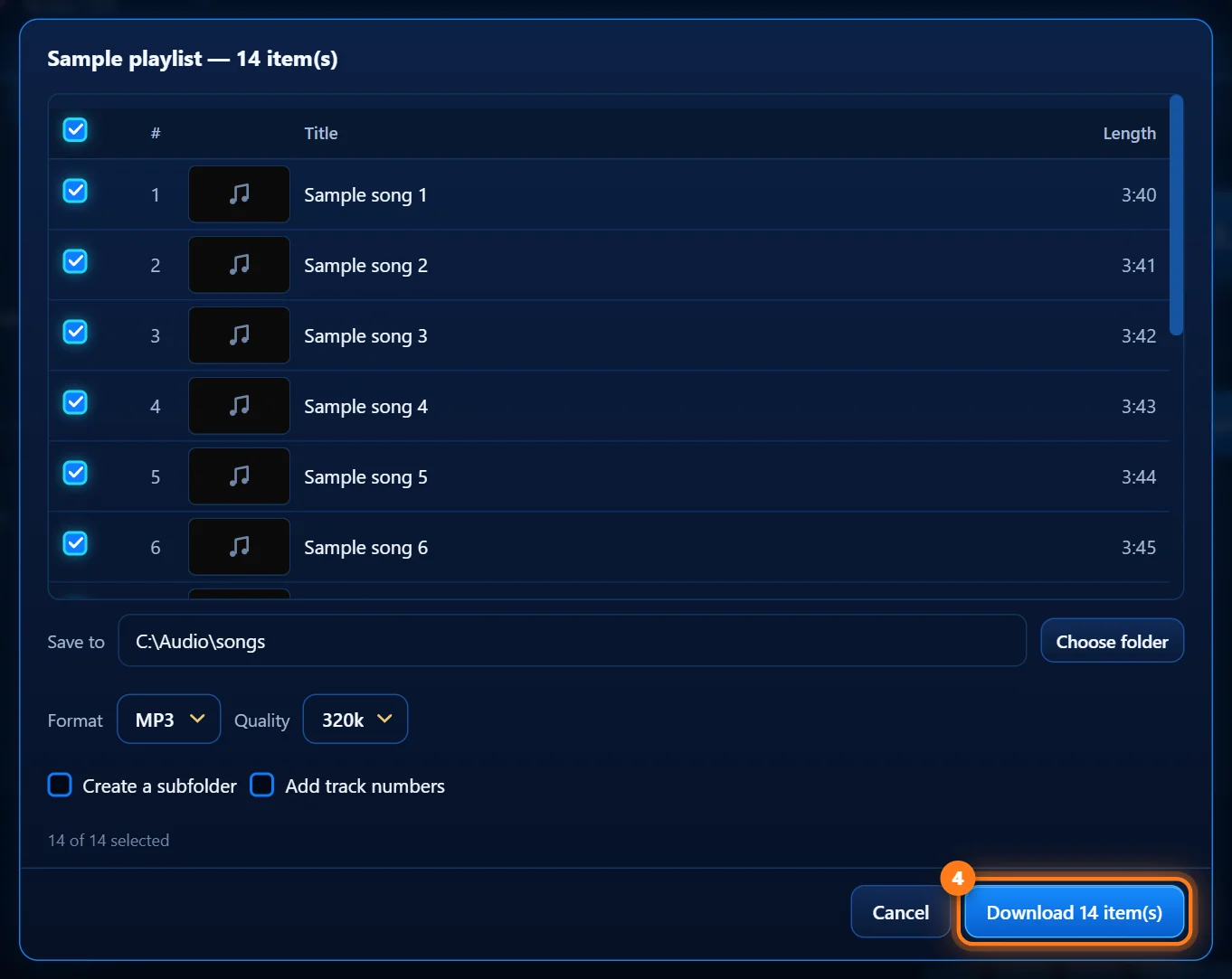 The playlist window with the Download button circled