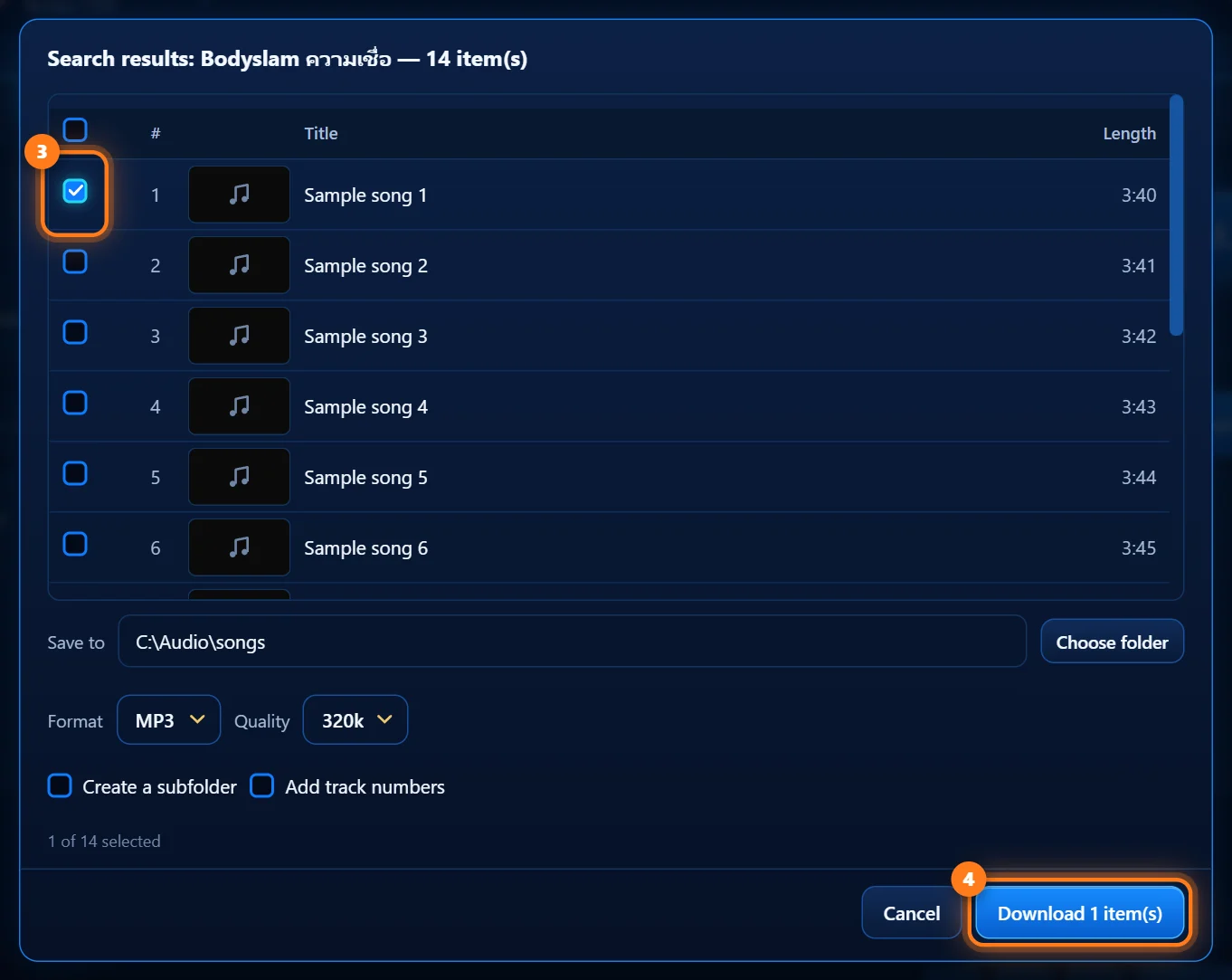 Search results with one result ticked and the Download button circled