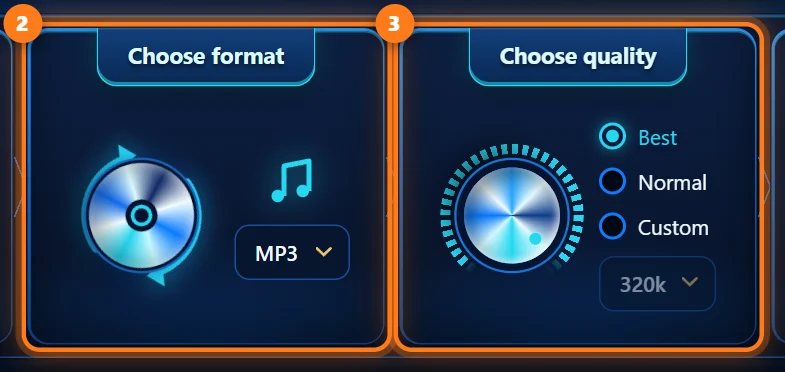 The Choose format and Choose quality panels, numbered 2 and 3