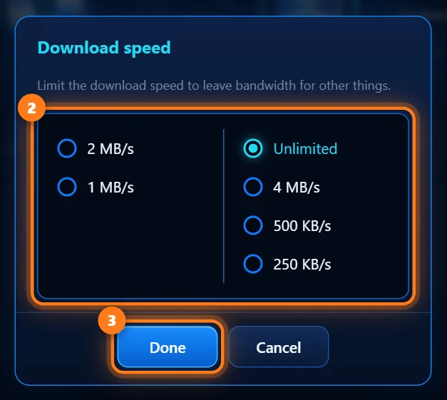 The Download speed window with speed choices and the Done button circled